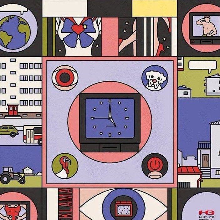 Kolorowa, geometryczna ilustracja przedstawiająca monitor z zegarem otoczony ikonami i scenami nawiązującymi do codziennego życia, technologii oraz otoczenia miejskiego.