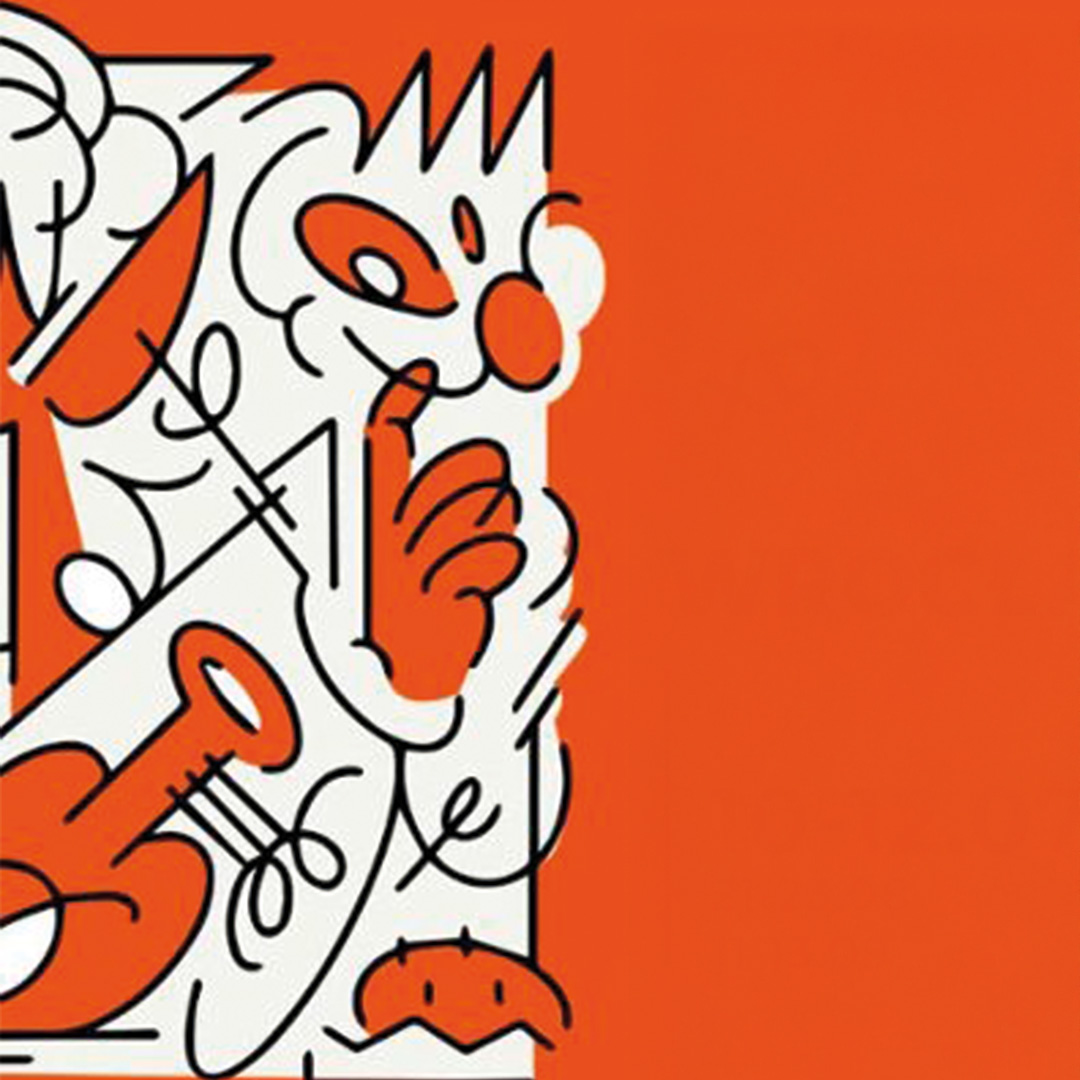 Ilustracja w stylu minimalistycznym przedstawiająca abstrakcyjną postać narysowaną czarną linią na pomarańczowym tle. Postać trzyma dłoń przy ustach w geście zastanowienia. Grafika utrzymana jest w kontrastowej kolorystyce bieli, czerni i pomarańczu, z dekoracyjnymi, geometrycznymi oraz falistymi elementami wokół postaci. Duża część prawej strony obrazu pozostaje pusta, wypełniona jednolitym pomarańczowym tłem.