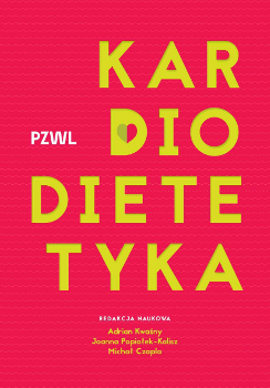Okładka książki „Kardiodietetyka”. Grafika utrzymana w jaskrawych kolorach. Tytuł stanowi centrum okładki.