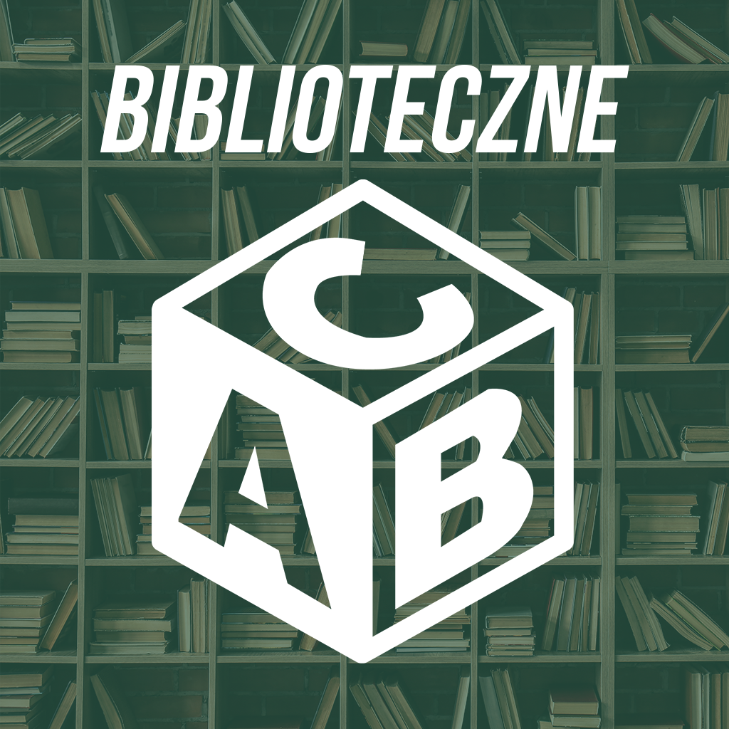 Białe logo „ABC” w kształcie sześcianu na tle regałów z książkami, z napisem „BIBLIOTECZNE” u góry.