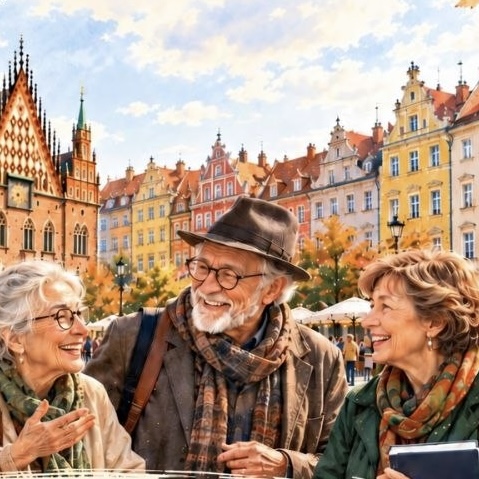 grupa seniorów, dwie kobiety, między nimi mężczyzna w kapeluszu, w tle wrocławski rynek