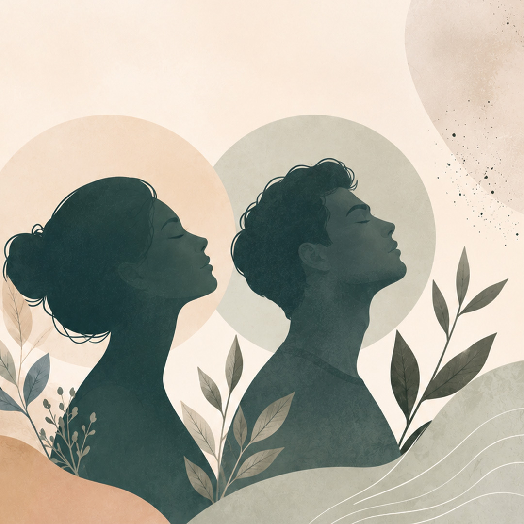 Ilustracja przedstawiająca dwa profile osób zwrócone w tę samą stronę, otoczone stylizowanymi liśćmi i abstrakcyjnymi, pastelowymi okręgami. Kompozycja utrzymana jest w stonowanych odcieniach zieleni, beżu i szarości, nawiązując do tematyki natury, równowagi i dobrostanu.