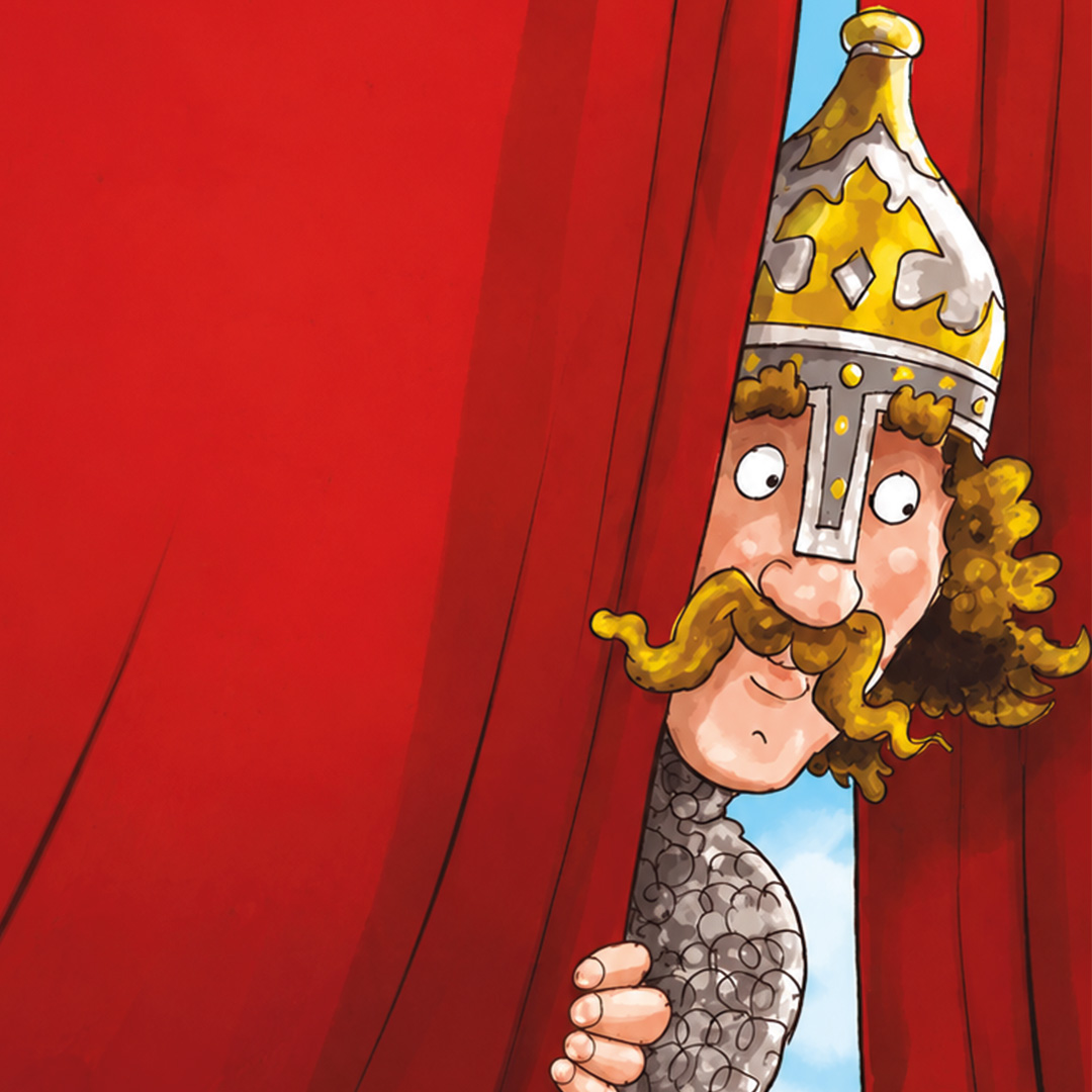 Ilustracja przedstawia postać rycerza w srebrnym hełmie i kolczudze, wyglądającą zza rozchylonej czerwonej kurtyny. W tle widoczny jest kolorowy krajobraz z zielonymi wzgórzami, drzewem i błękitnym niebem. Większość obrazu zajmuje czerwona zasłona po lewej stronie.