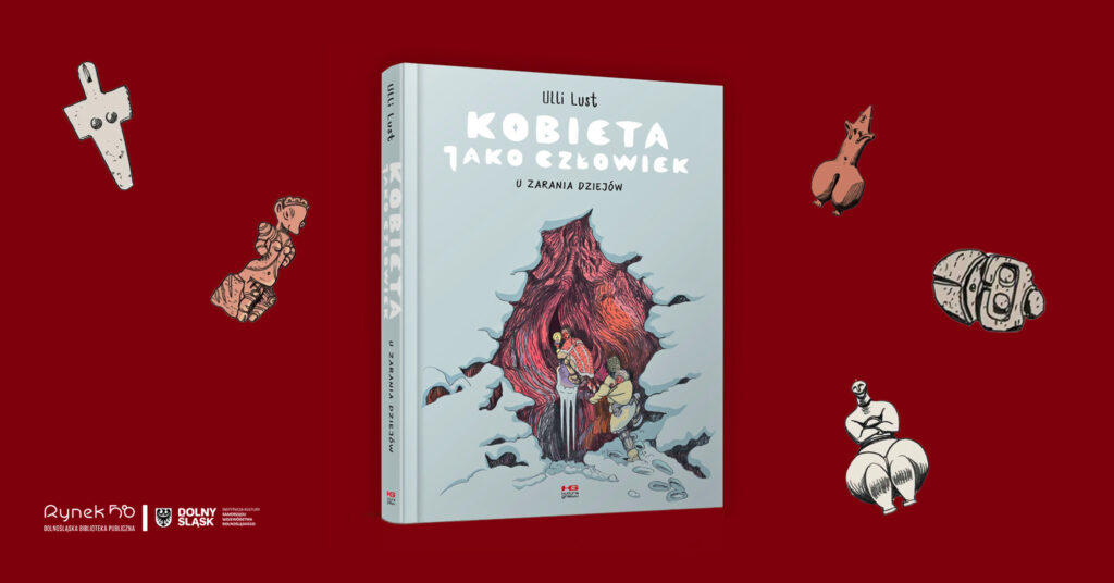 bordowe tło, rysunkowe figurki kobiet-płodności, w środku okładka książki "kobieta jako człowiek"